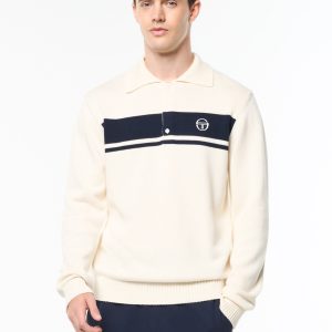 Damarindo Long Sleeve Knit Polo- Gardenia/ Maritime Blue